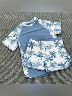 Kids Blue Palm Tree Tropical Rash Guard and Swim Shorts Set Size 12T